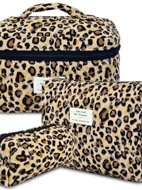 3 Piece Quilted Cotton Makeup Bag Set Floral Travel Cosmetic Pouch Large
